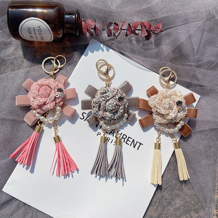 Wholesale Camellia Pearl Alloy Flannel Tassel Keychain JDC-KC-LX047 Keychains 恋希 Wholesale Jewelry JoyasDeChina Joyas De China