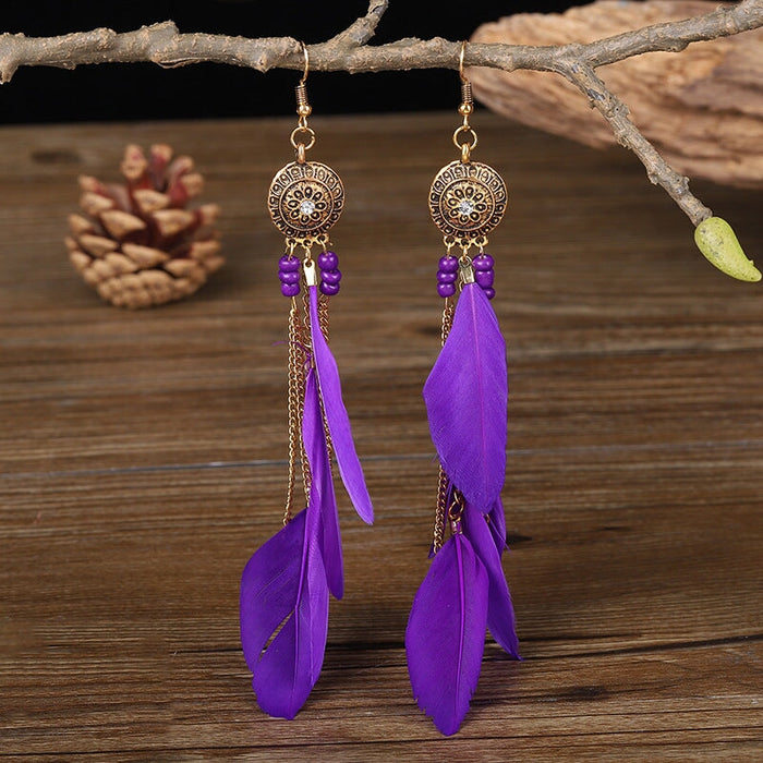 Wholesale Chain Tassel Alloy Boho Feather Earrings JDC-ES-Daiq003 Earrings 黛茜 DC1485-7 Purple Wholesale Jewelry JoyasDeChina Joyas De China