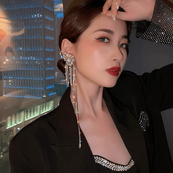 Wholesale Copper Silver Full Rhinestone Extra Long Tassel Earrings JDC-ES-jw004 Earrings 佳伟 Wholesale Jewelry JoyasDeChina Joyas De China