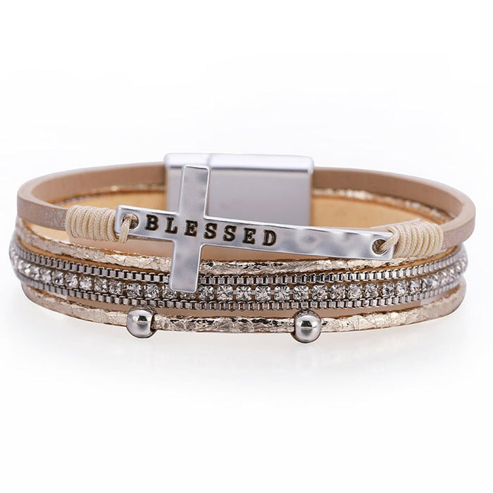 Wholesale Cross Rhinestone Leather Magnetic Buckle Bracelet JDC-BT-DHJ019 Bracelet 邓会君 Wholesale Jewelry JoyasDeChina Joyas De China