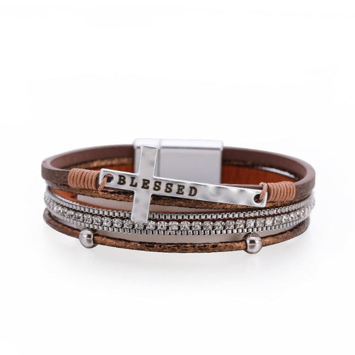 Wholesale Cross Rhinestone Leather Magnetic Buckle Bracelet JDC-BT-DHJ019 Bracelet 邓会君 SZ00219-6 Wholesale Jewelry JoyasDeChina Joyas De China