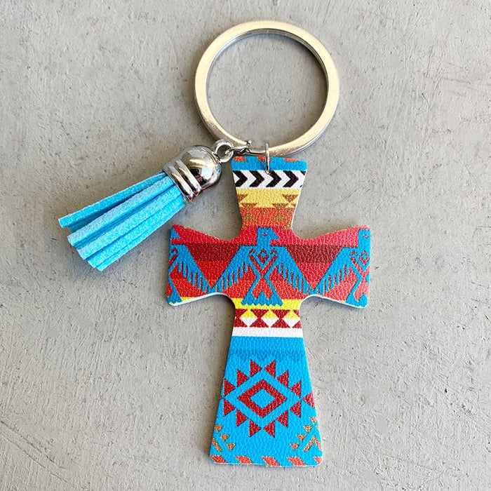 Wholesale Denim Cross Leather Wood Iron Tassel Keychain MOQ≥2 JDC-KC-HeYi007 Keychains 合异 Wholesale Jewelry JoyasDeChina Joyas De China