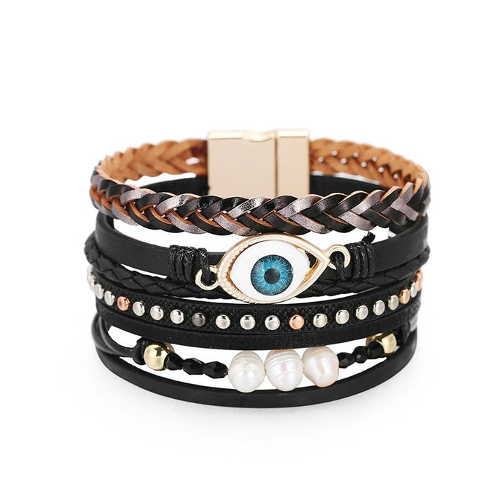 Wholesale Devil's Eye Pearl Boho Leather Zinc Alloy Bracelet JDC-BT-DHJ012 Bracelet 邓会君 black Wholesale Jewelry JoyasDeChina Joyas De China