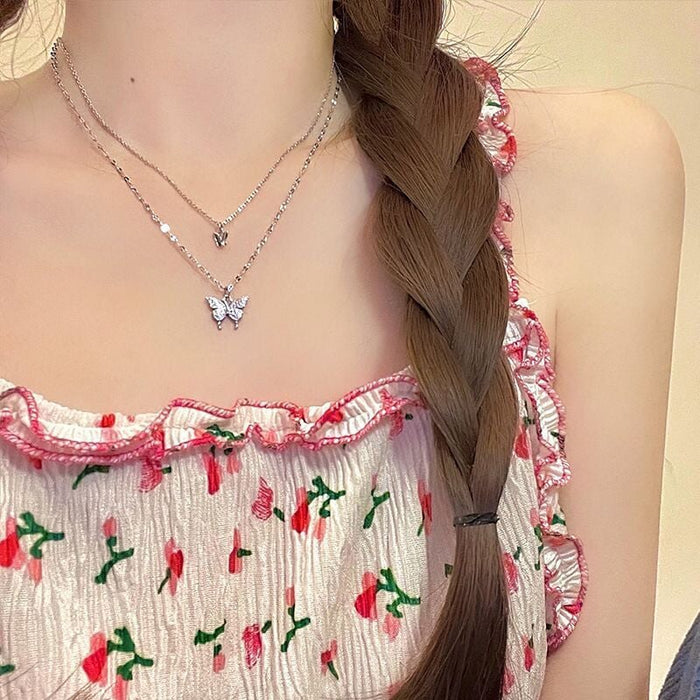 Wholesale diamond butterfly double-layer necklace women's geometric necklace simple clavicle chain Necklaces JoyasDeChina Wholesale Jewelry JoyasDeChina Joyas De China