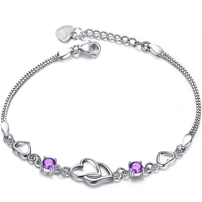 Wholesale Double Heart Double Diamond Copper Silver Plated Bracelet JDC-BT-Ffei002 Bracelet 菲菲 purple Wholesale Jewelry JoyasDeChina Joyas De China