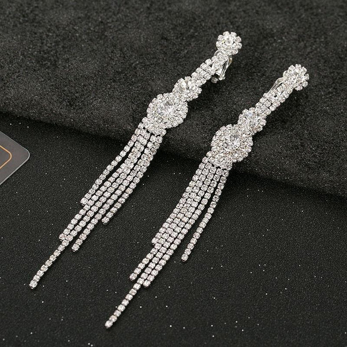 Wholesale extra long bridal rhinestone tassel earrings JDC-ES-Sideng019 Earrings 思登 ear clip Wholesale Jewelry JoyasDeChina Joyas De China