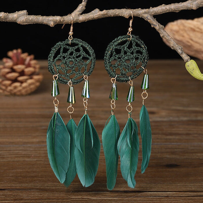 Wholesale Feather Tassel Plated Metal Dream Catcher Earrings JDC-ES-Daiq002 Earrings 黛茜 DC1437-10 hole green Wholesale Jewelry JoyasDeChina Joyas De China