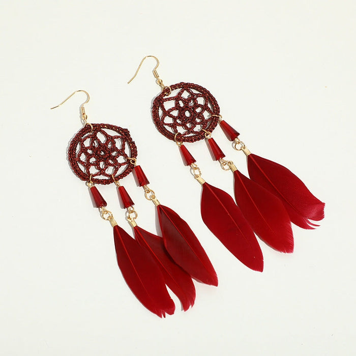 Wholesale Feather Tassel Plated Metal Dream Catcher Earrings JDC-ES-Daiq002 Earrings 黛茜 DC1437-11 wine red Wholesale Jewelry JoyasDeChina Joyas De China