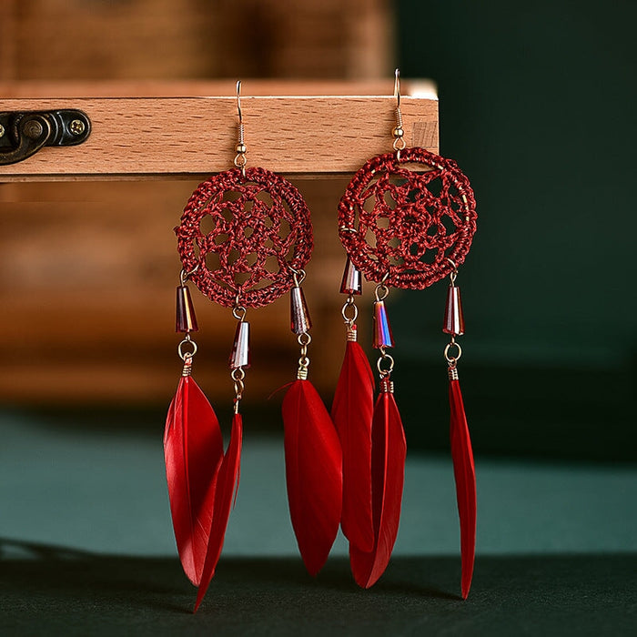 Wholesale Feather Tassel Plated Metal Dream Catcher Earrings JDC-ES-Daiq002 Earrings 黛茜 DC1437-2 red Wholesale Jewelry JoyasDeChina Joyas De China