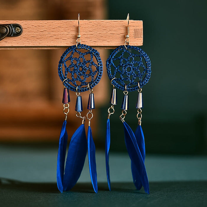 Wholesale Feather Tassel Plated Metal Dream Catcher Earrings JDC-ES-Daiq002 Earrings 黛茜 DC1437-4 blue Wholesale Jewelry JoyasDeChina Joyas De China