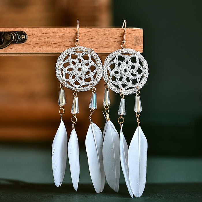 Wholesale Feather Tassel Plated Metal Dream Catcher Earrings JDC-ES-Daiq002 Earrings 黛茜 DC1437-7 white Wholesale Jewelry JoyasDeChina Joyas De China