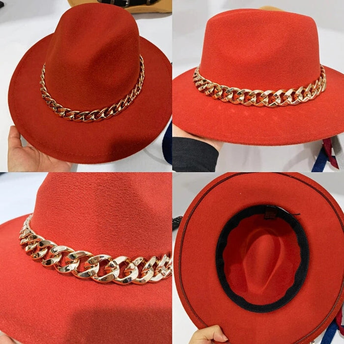 Wholesale Gold Necklace Felt Hat Flat Brim Big Brim Jazz Wool Top Hat JDC-FH-Guanchuan001 Fashionhat 冠川 Wholesale Jewelry JoyasDeChina Joyas De China