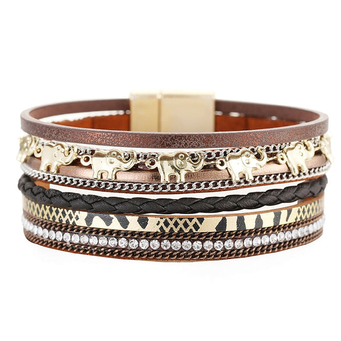 Wholesale Golden Elephant Multilayer Leather Rhinestone Magnetic Buckle Boho Bracelet JDC-BT-DHJ002 Bracelet 邓会君 Wholesale Jewelry JoyasDeChina Joyas De China