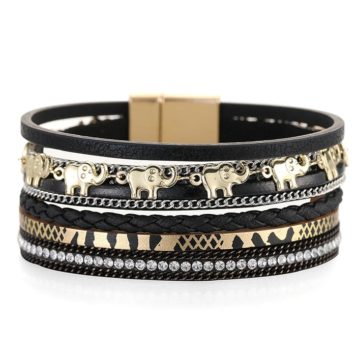 Wholesale Golden Elephant Multilayer Leather Rhinestone Magnetic Buckle Boho Bracelet JDC-BT-DHJ002 Bracelet 邓会君 SZ00275-1 Wholesale Jewelry JoyasDeChina Joyas De China