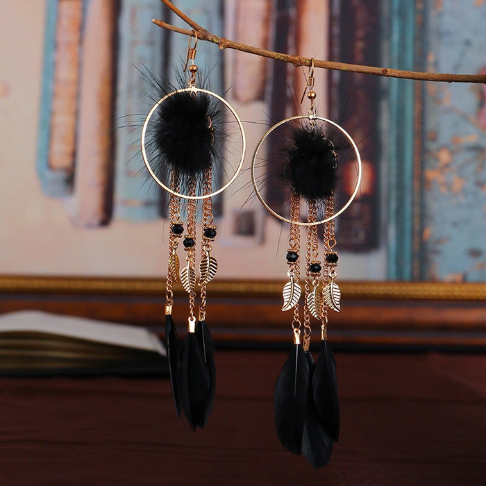 Wholesale Hairball Feather Alloy Tassel Earrings JDC-ES-Daiq007 Earrings 黛茜 DC1369-2 black Wholesale Jewelry JoyasDeChina Joyas De China