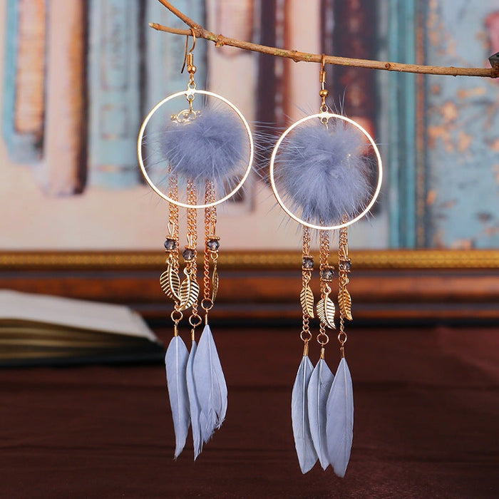 Wholesale Hairball Feather Alloy Tassel Earrings JDC-ES-Daiq007 Earrings 黛茜 DC1369-4 grey Wholesale Jewelry JoyasDeChina Joyas De China