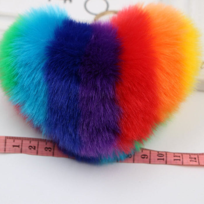 Wholesale Imitation Rabbit Fur Heart Shape Rainbow Fur Ball Pom Pom Keychain JDC-KC-Zuge002 Keychains 祖格 Wholesale Jewelry JoyasDeChina Joyas De China