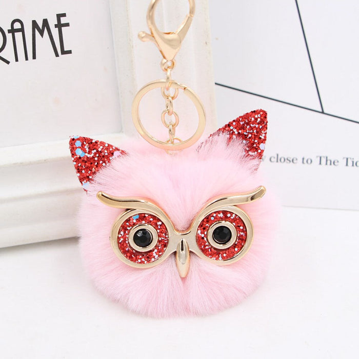 Wholesale Imitation Rex Rabbit Fur Big Eyes Sequined Owl Fur Ball Pom Pom Keychain JDC-KC-Zuge012 Keychains 祖格 Light pink red / Wholesale Jewelry JoyasDeChina Joyas De China