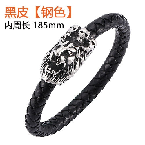 Wholesale Leather Braided Lion Stainless Steel Bracelet JDC-BT-RShen028 Bracelet 日盛 black 185mm Wholesale Jewelry JoyasDeChina Joyas De China