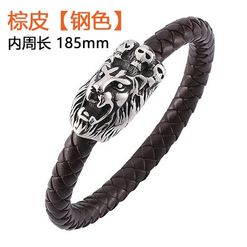 Wholesale Leather Braided Lion Stainless Steel Bracelet JDC-BT-RShen028 Bracelet 日盛 brown 185mm Wholesale Jewelry JoyasDeChina Joyas De China