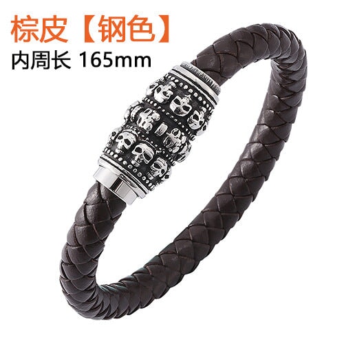 Wholesale Leather Stainless Steel Skull Magnetic Buckle Bracelet JDC-BT-RShen013 Bracelet 日盛 brown 165mm Wholesale Jewelry JoyasDeChina Joyas De China