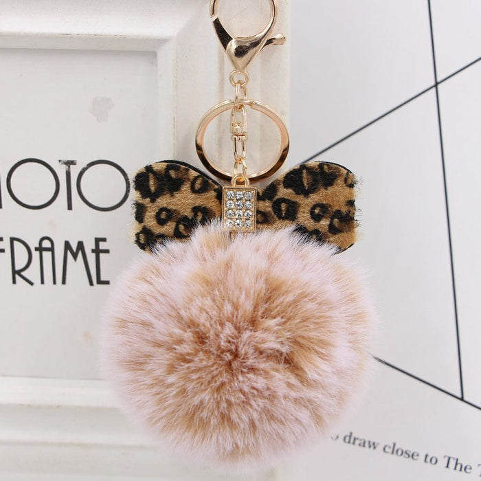 Wholesale Leopard Print Bow Imitation Rex Rabbit Fur Ball Alloy Pom Pom Keychain JDC-KC-Zuge010 Keychains 祖格 two-tone khaki / Wholesale Jewelry JoyasDeChina Joyas De China