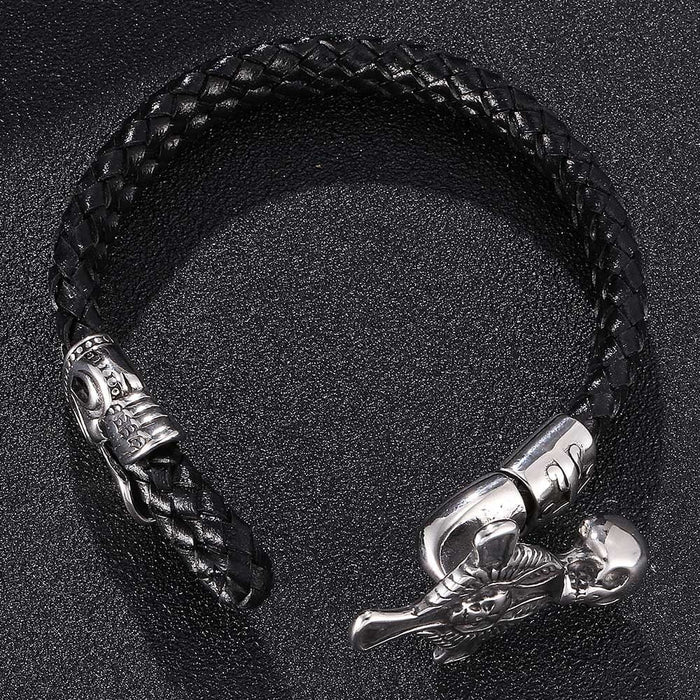 Wholesale Men's Leather Braided Rope Cross Skull Stainless Steel Bracelet JDC-BT-RShen020 Bracelet 日盛 Wholesale Jewelry JoyasDeChina Joyas De China