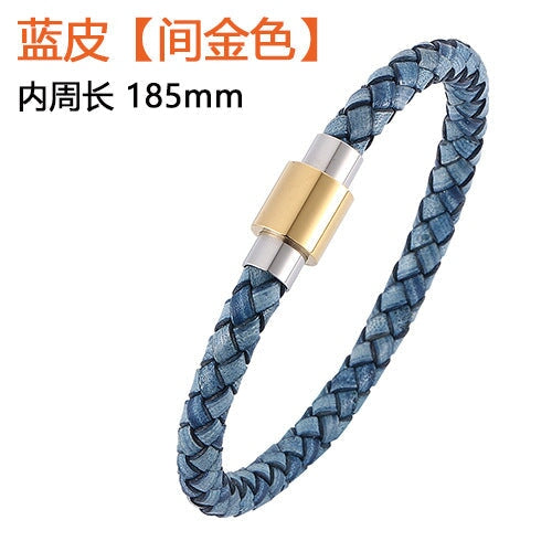 Wholesale Men's Leather Braided Stainless Steel Bracelet JDC-BT-RShen014 Bracelet 日盛 blue 185mm Wholesale Jewelry JoyasDeChina Joyas De China