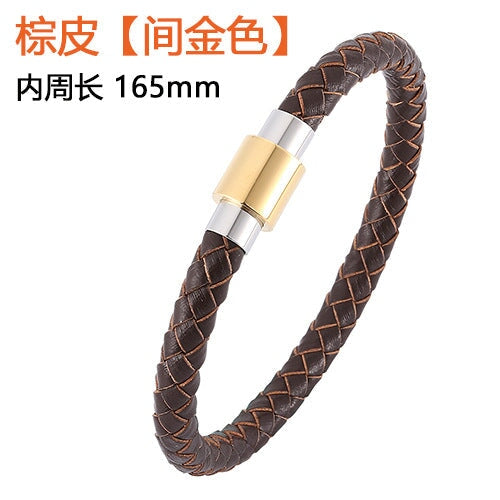 Wholesale Men's Leather Braided Stainless Steel Bracelet JDC-BT-RShen014 Bracelet 日盛 brown 165mm Wholesale Jewelry JoyasDeChina Joyas De China