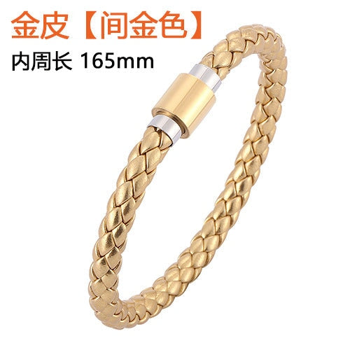 Wholesale Men's Leather Braided Stainless Steel Bracelet JDC-BT-RShen014 Bracelet 日盛 gold 165mm Wholesale Jewelry JoyasDeChina Joyas De China