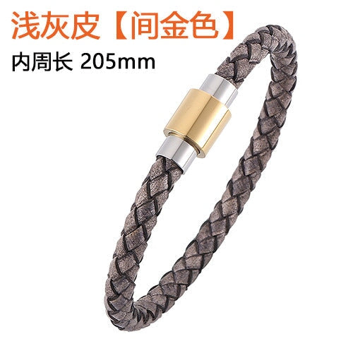 Wholesale Men's Leather Braided Stainless Steel Bracelet JDC-BT-RShen014 Bracelet 日盛 grey 205mm Wholesale Jewelry JoyasDeChina Joyas De China