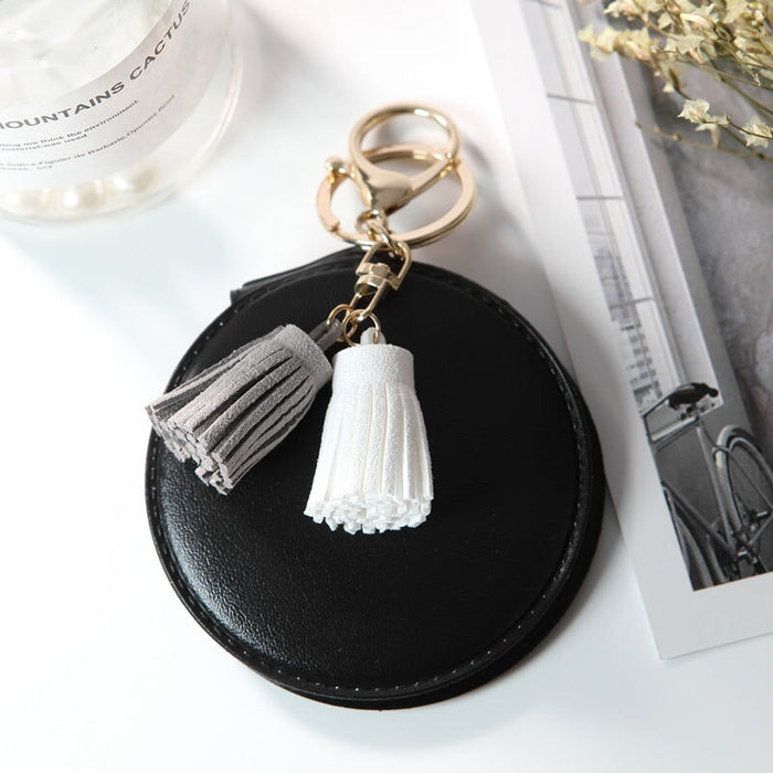 Wholesale Mini Round PU Leather Small Mirror Tassel Makeup Mirror Keychain MOQ≥2 JDC-KC-BenX001 Keychains 本勋 black Wholesale Jewelry JoyasDeChina Joyas De China