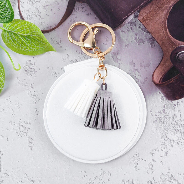 Wholesale Mini Round PU Leather Small Mirror Tassel Makeup Mirror Keychain MOQ≥2 JDC-KC-BenX001 Keychains 本勋 white Wholesale Jewelry JoyasDeChina Joyas De China