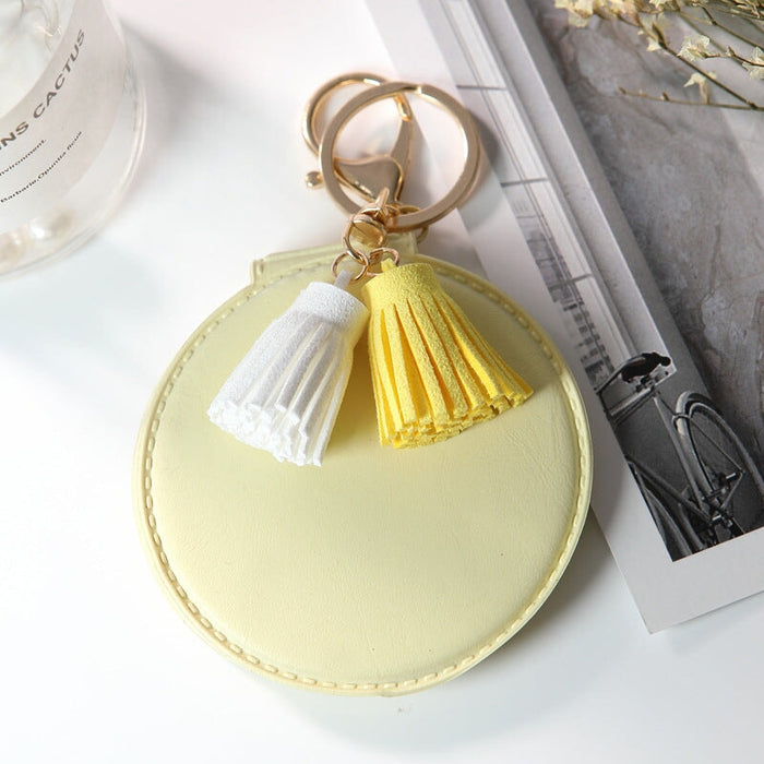 Wholesale Mini Round PU Leather Small Mirror Tassel Makeup Mirror Keychain MOQ≥2 JDC-KC-BenX001 Keychains 本勋 yellow Wholesale Jewelry JoyasDeChina Joyas De China