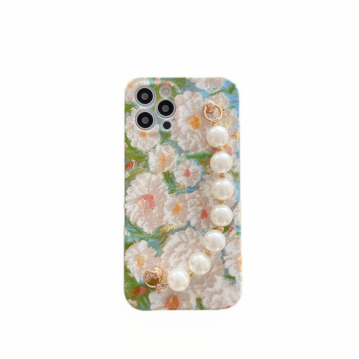 Wholesale Oil Painting Flower Pearl Chain Silicone TPU Phone Case for iPhone JDC-PC-XYM007 phone case 小野马 Wholesale Jewelry JoyasDeChina Joyas De China