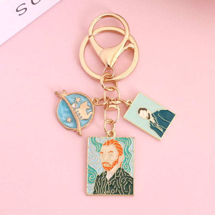 Wholesale Oil Painting Series Alloy Star Keychain Cartoon Cat Sunflower Hanging Buckle Bag Pendant Keychains JoyasDeChina cat painter Wholesale Jewelry JoyasDeChina Joyas De China