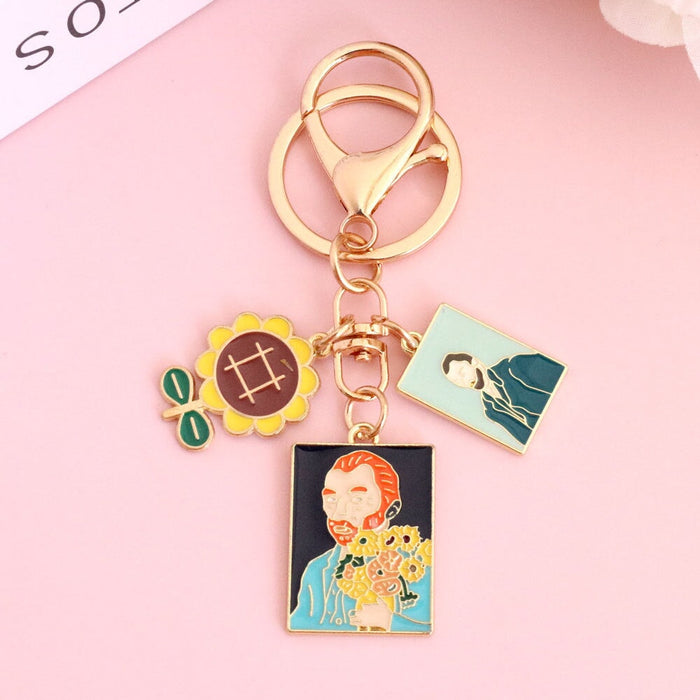 Wholesale Oil Painting Series Alloy Star Keychain Cartoon Cat Sunflower Hanging Buckle Bag Pendant Keychains JoyasDeChina sunflower painter Wholesale Jewelry JoyasDeChina Joyas De China