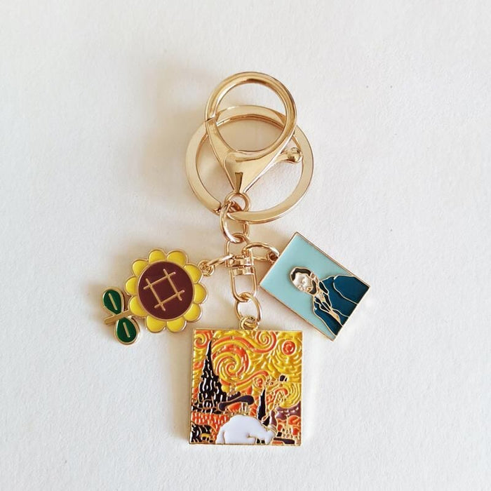 Wholesale Oil Painting Series Alloy Star Keychain Cartoon Cat Sunflower Hanging Buckle Bag Pendant Keychains JoyasDeChina Sunflower Yellow Starry Sky Wholesale Jewelry JoyasDeChina Joyas De China