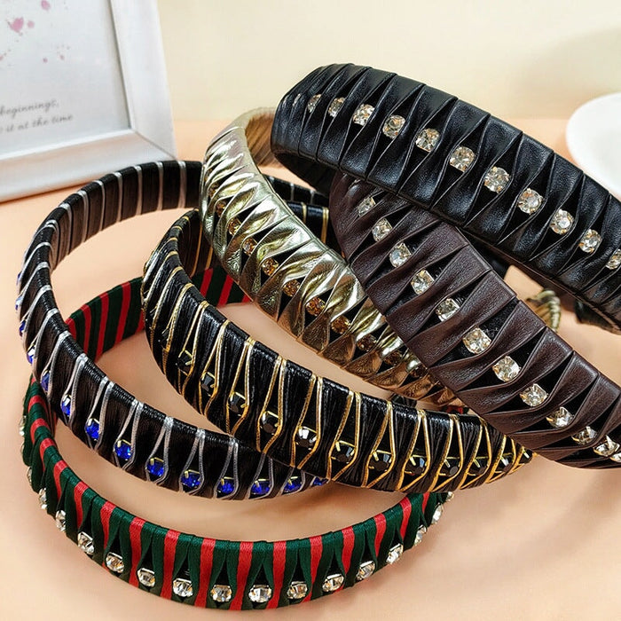 Wholesale PU Leather Wrap Rhinestone Braided Headband JDC-HD-O372 Headband 潮炫 Wholesale Jewelry JoyasDeChina Joyas De China