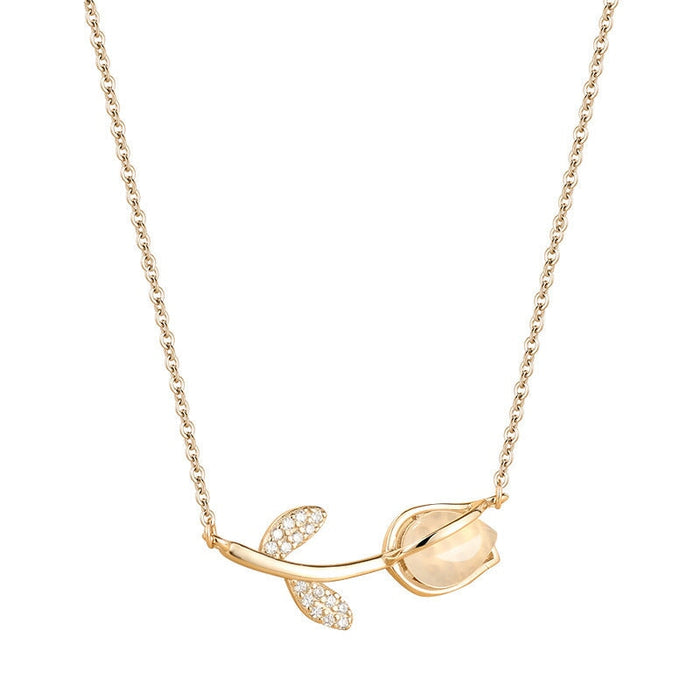 Wholesale s925 Sterling Silver Tulip Necklace Women's Elegant Flower Clavicle Chain Necklaces JoyasDeChina XL0077 Tulip chalcedony necklace (gold) 925 Silver Wholesale Jewelry JoyasDeChina Joyas De China