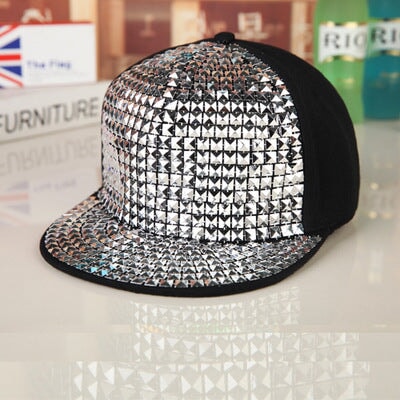 Wholesale Sequin Punk Canvas Hip Hop Flat Brim Cap Baseball Hat JDC-FH-Qiuj003 Fashionhat 秋婕 silver adjustable Wholesale Jewelry JoyasDeChina Joyas De China