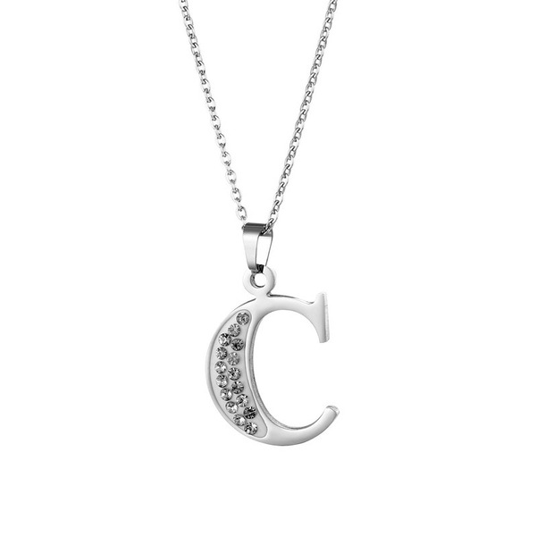 Wholesale Silver Stainless Steel Ceramic Clay Rhinestone 26 Letters Full Rhinestone Necklace JDC-NE-MINGM003 necklaces 敏萌 Wholesale Jewelry JoyasDeChina Joyas De China