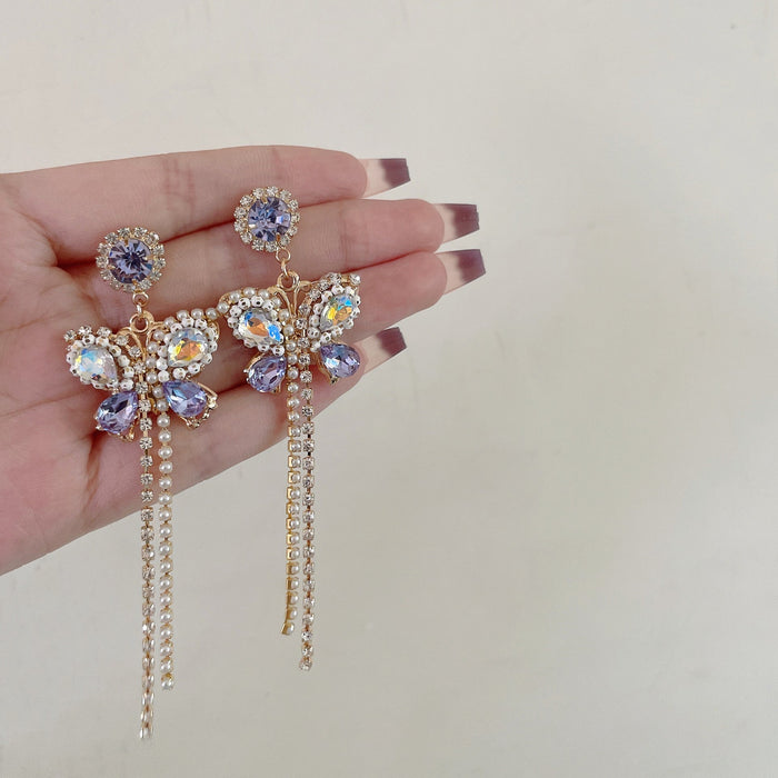 Wholesale Silver Tassel Bow Rhinestone Earrings JDC-ES-jw007 Earrings 佳伟 Lavender diamond Wholesale Jewelry JoyasDeChina Joyas De China