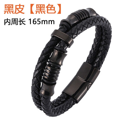 Wholesale stainless steel black double strip leather braided bracelet JDC-BT-RShen002 Bracelet 日盛 Wholesale Jewelry JoyasDeChina Joyas De China