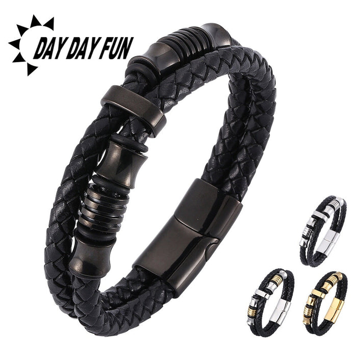 Wholesale stainless steel black double strip leather braided bracelet JDC-BT-RShen002 Bracelet 日盛 Wholesale Jewelry JoyasDeChina Joyas De China