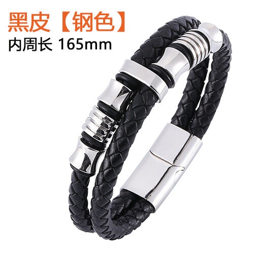 Wholesale stainless steel black double strip leather braided bracelet JDC-BT-RShen002 Bracelet 日盛 Wholesale Jewelry JoyasDeChina Joyas De China