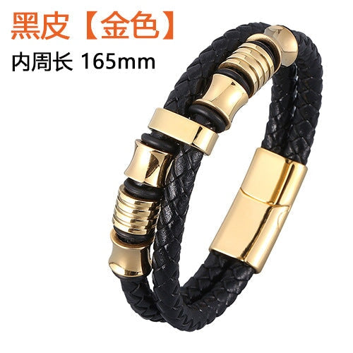 Wholesale stainless steel black double strip leather braided bracelet JDC-BT-RShen002 Bracelet 日盛 Black 165mm Wholesale Jewelry JoyasDeChina Joyas De China