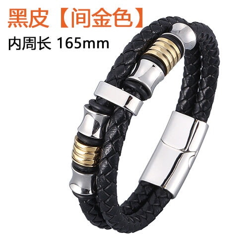 Wholesale stainless steel black double strip leather braided bracelet JDC-BT-RShen002 Bracelet 日盛 Medium black gold 165mm Wholesale Jewelry JoyasDeChina Joyas De China