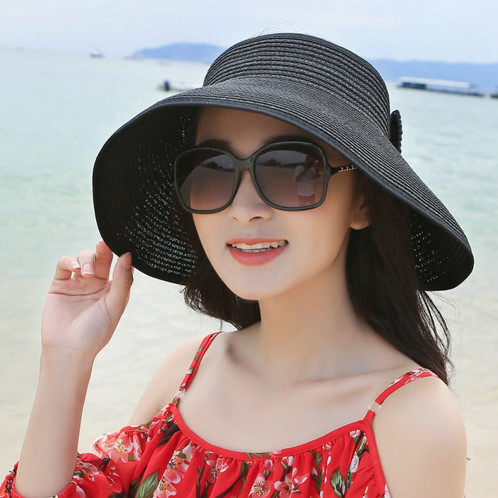 Wholesale Summer Women Cotton Sunscreen Beach Hat Outdoor Foldable Straw Hat JDC-FH-Qiuj006 Fashionhat 秋婕 solid color black adjustable Wholesale Jewelry JoyasDeChina Joyas De China