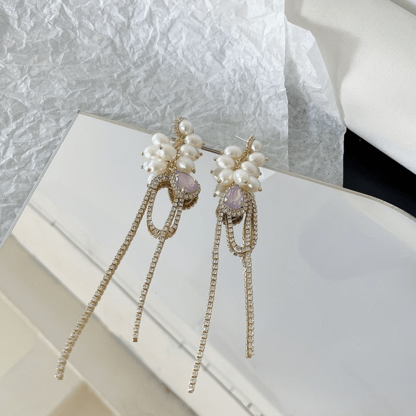 Wholesale White Pearl and Rhinestone Tassel Earrings JDC-ES-jw011 Earrings 佳伟 Wholesale Jewelry JoyasDeChina Joyas De China